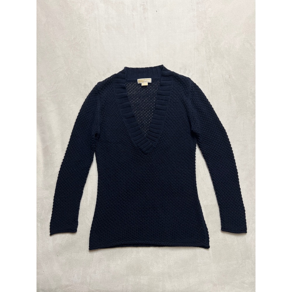 Michael Michael Kors Navy Blue Deep V-Neck Open Knit Sweater Womens XL RN111818